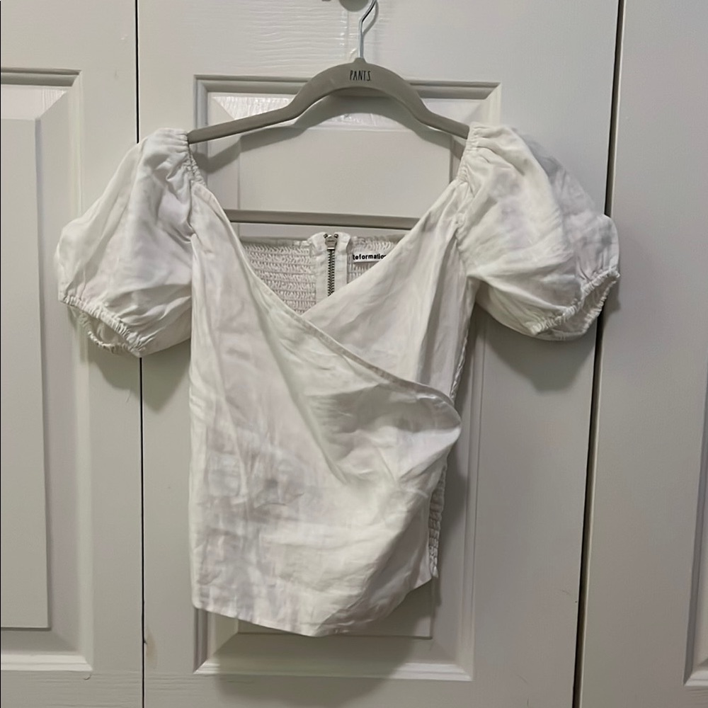 Reformation White Puff Sleeve Wrap Blouse
